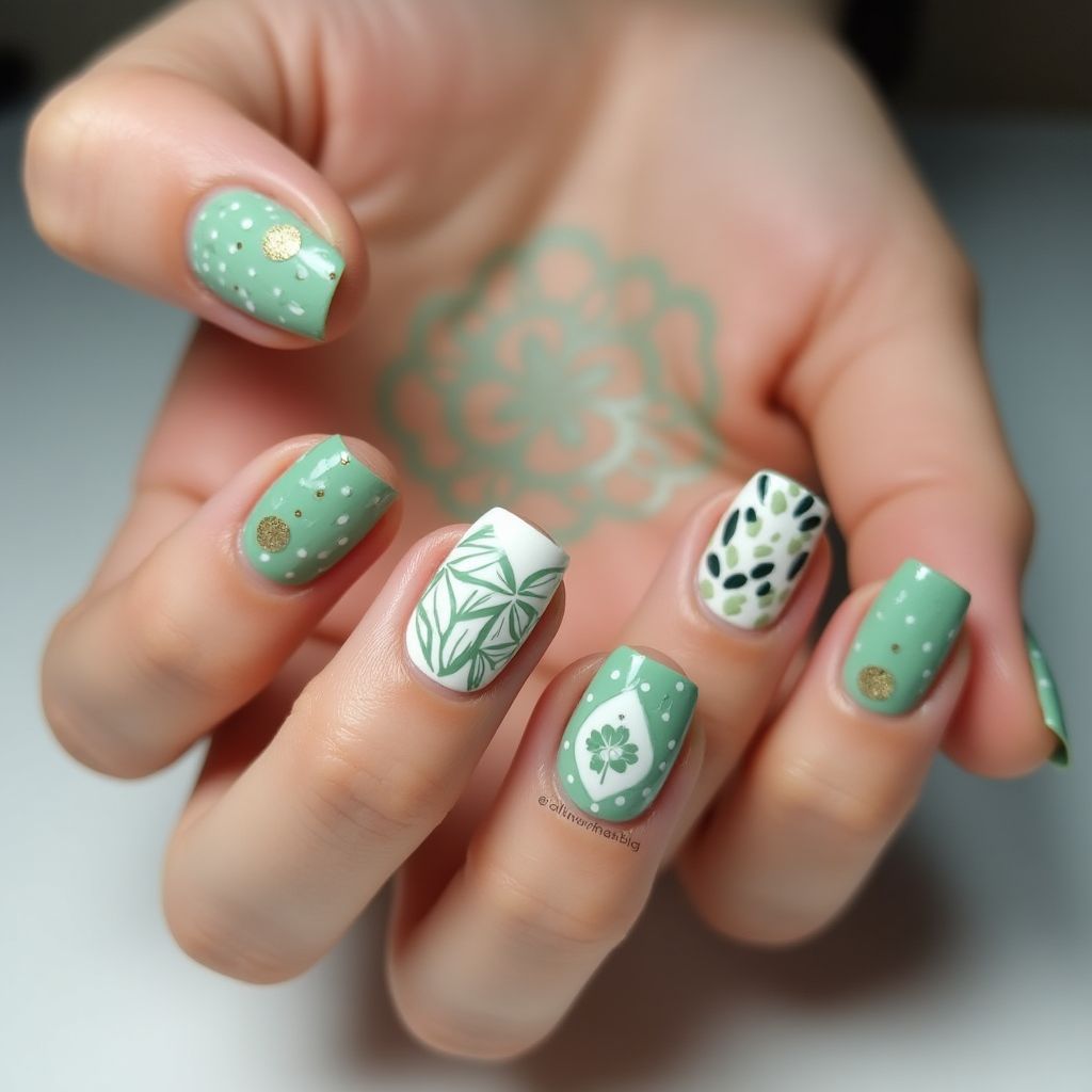 Mint Green Freehand Art Nail Design