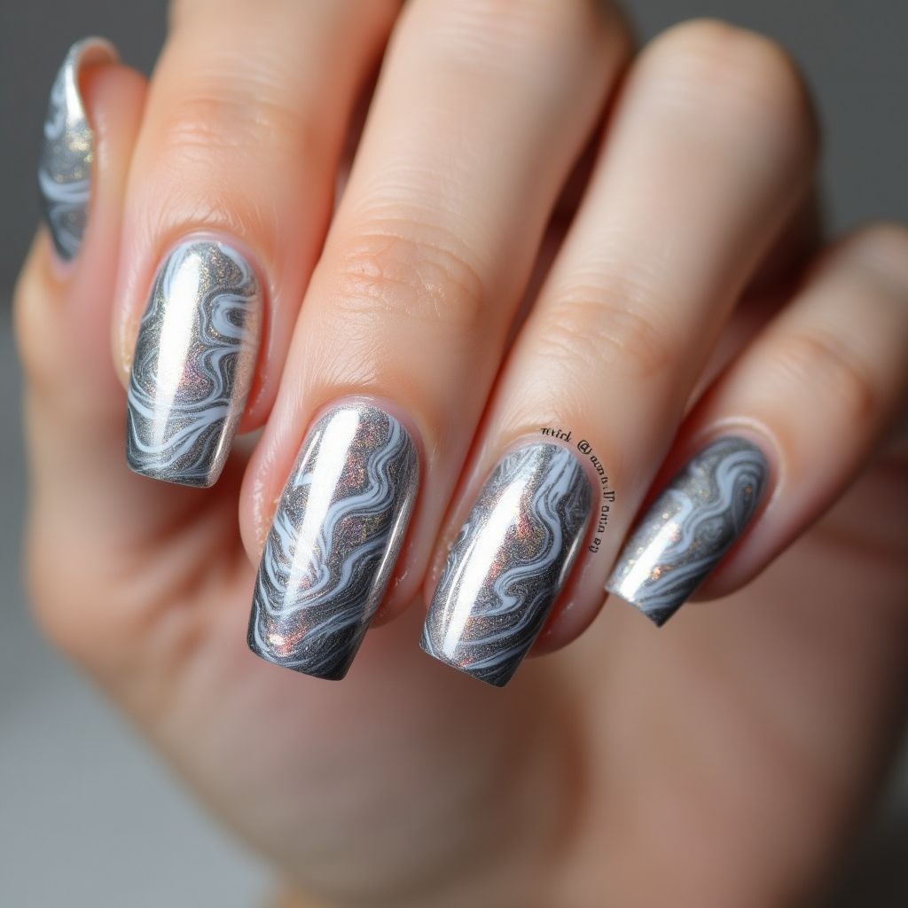 Silver Water Marbling Nail Design