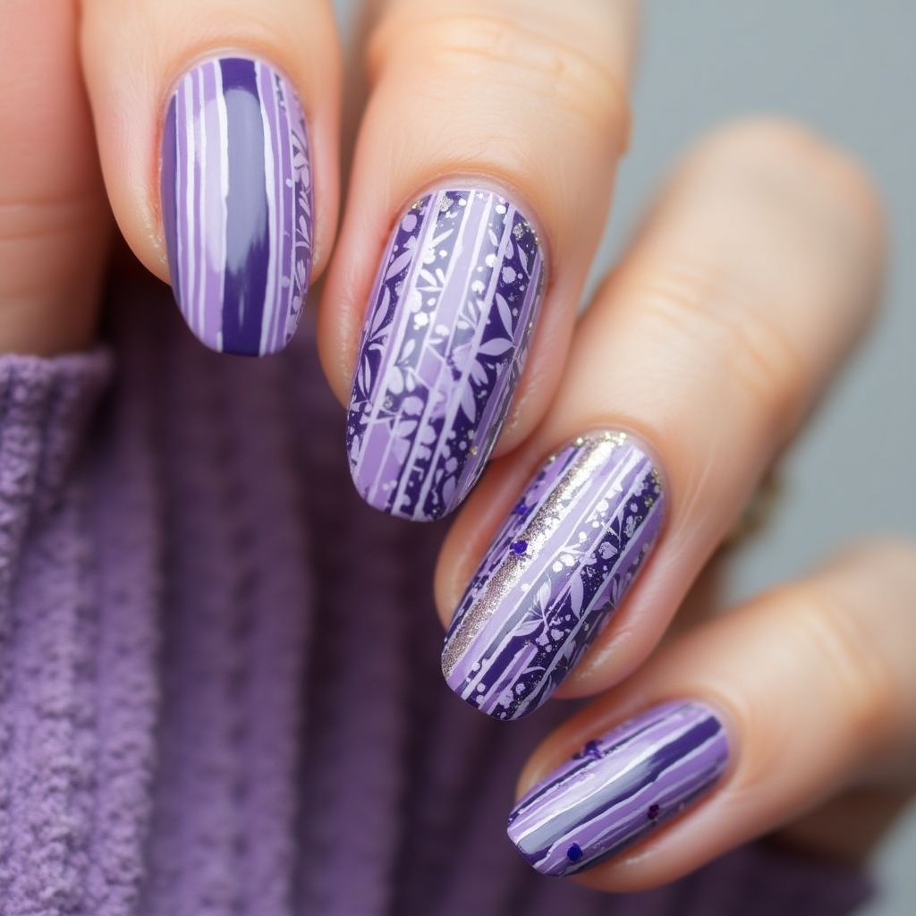 Purple Stripes And Lines Nail Design