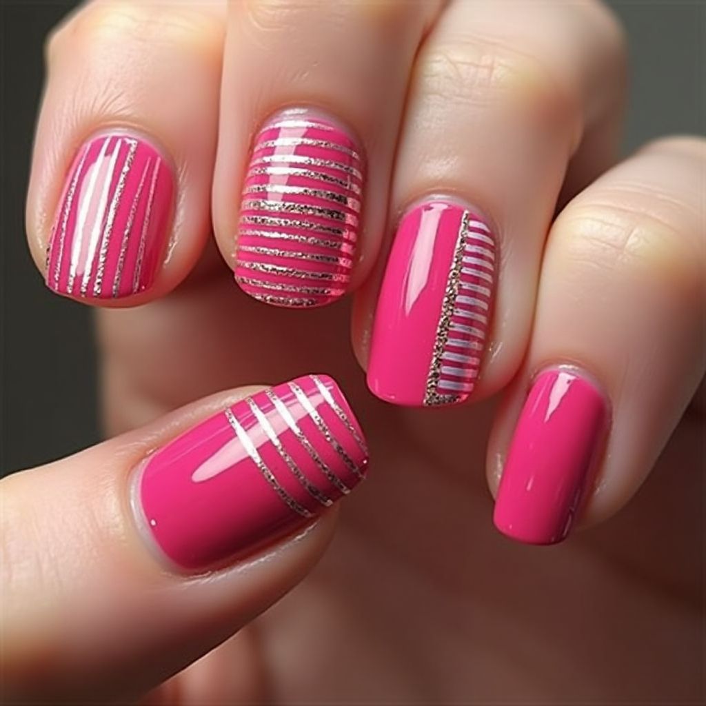 Hot Pink Stripes And Lines Nail Design