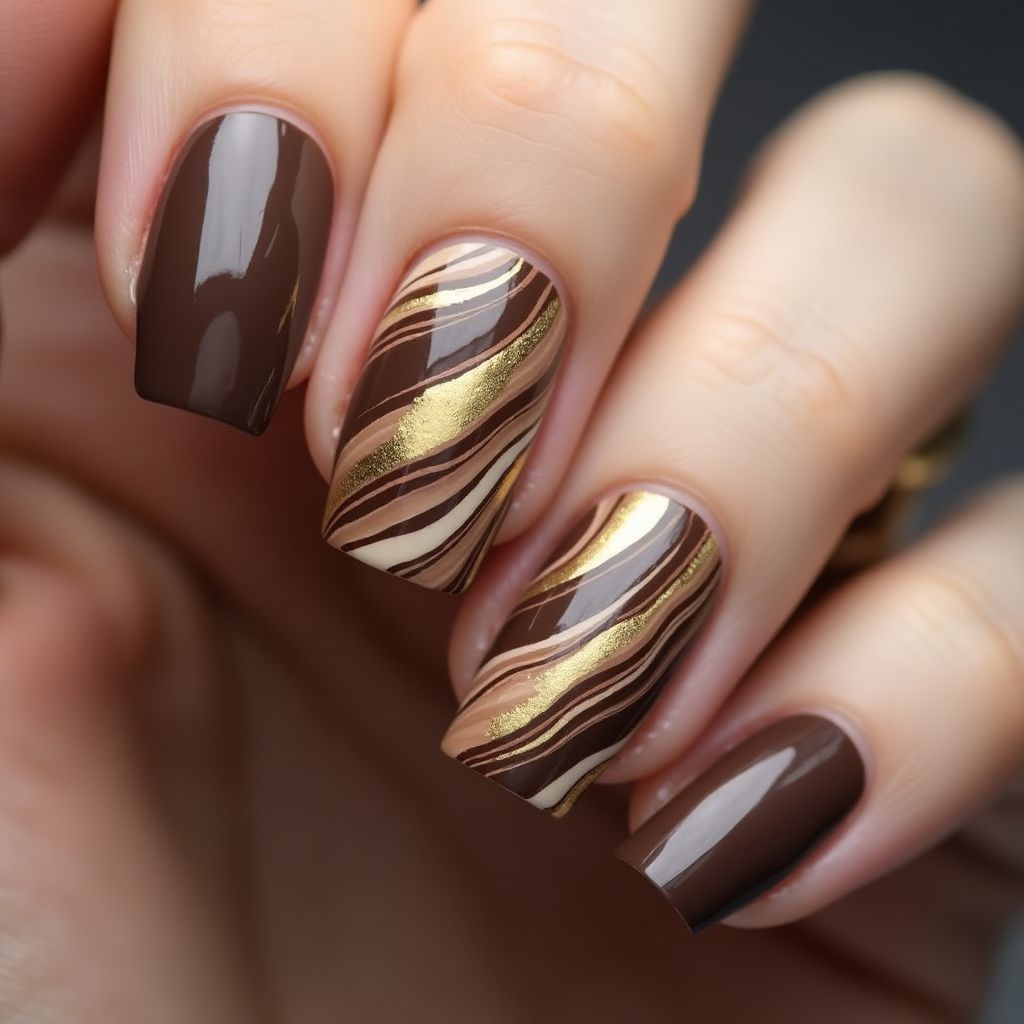 Chocolate Brown Water Marbling Nail Design