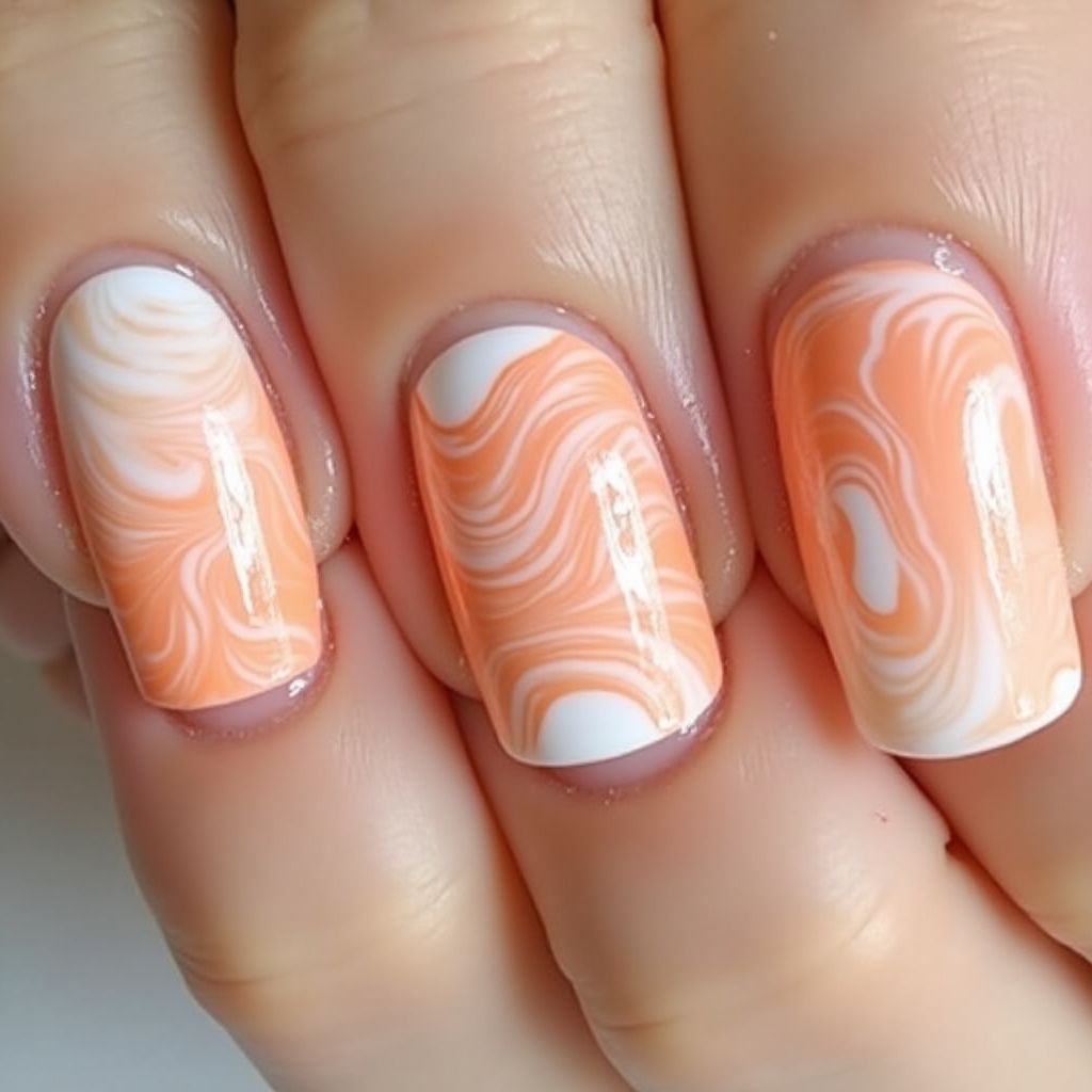 Peach Water Marbling Nail Design