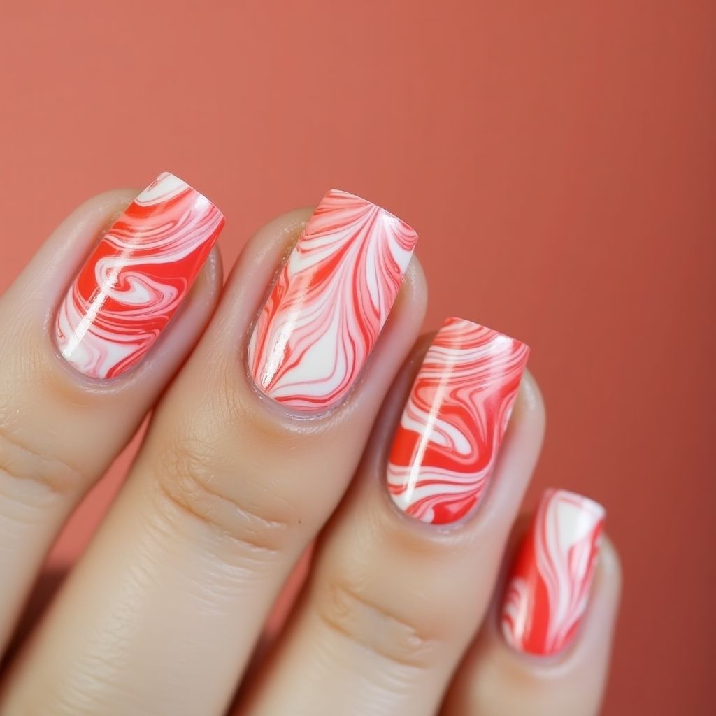 Coral Water Marbling Nail Design