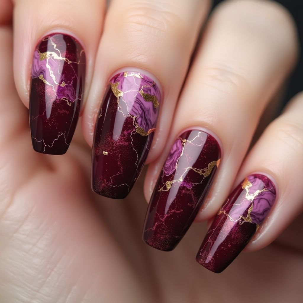 Wine Water Marbling Nail Design