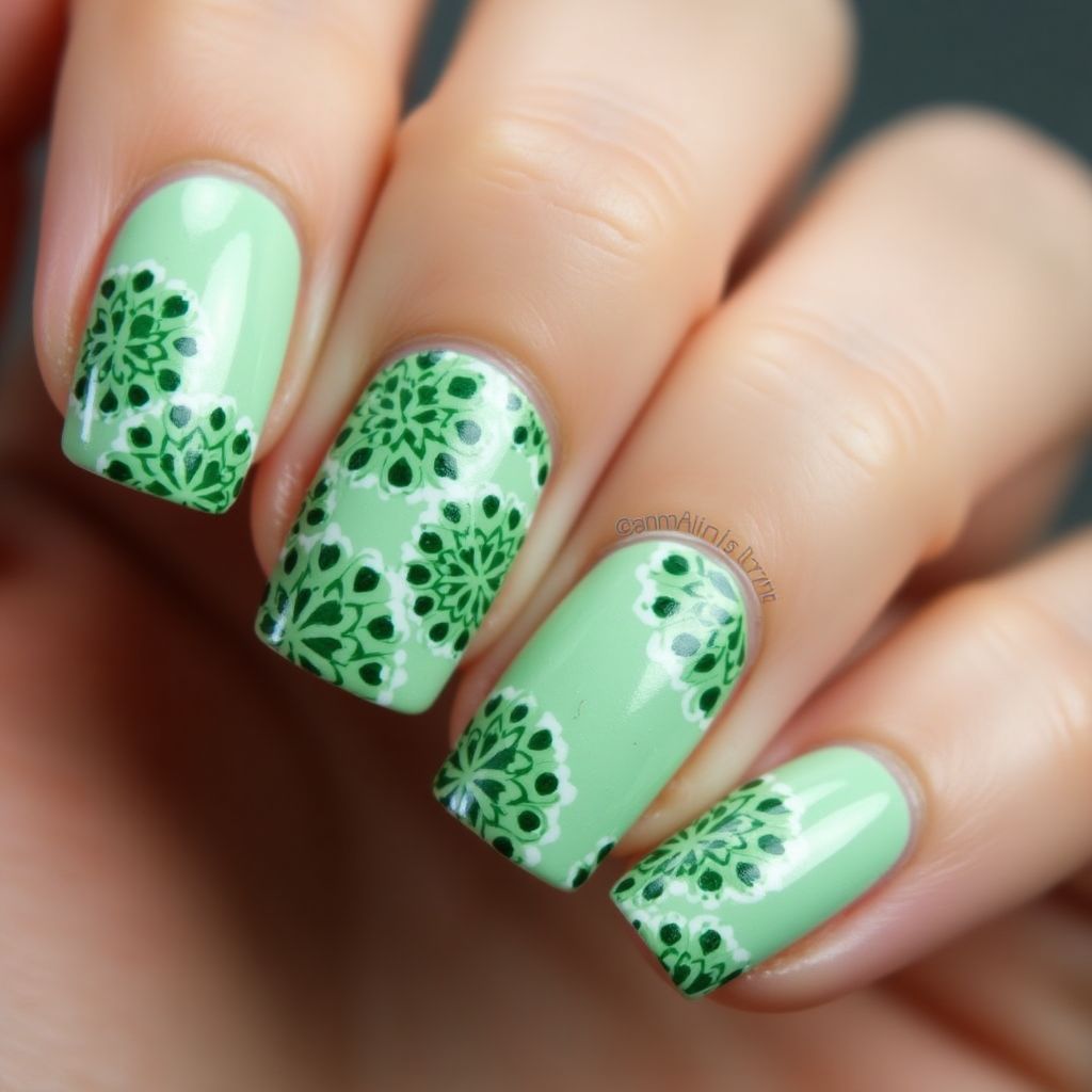 Green Dotting Nail Design