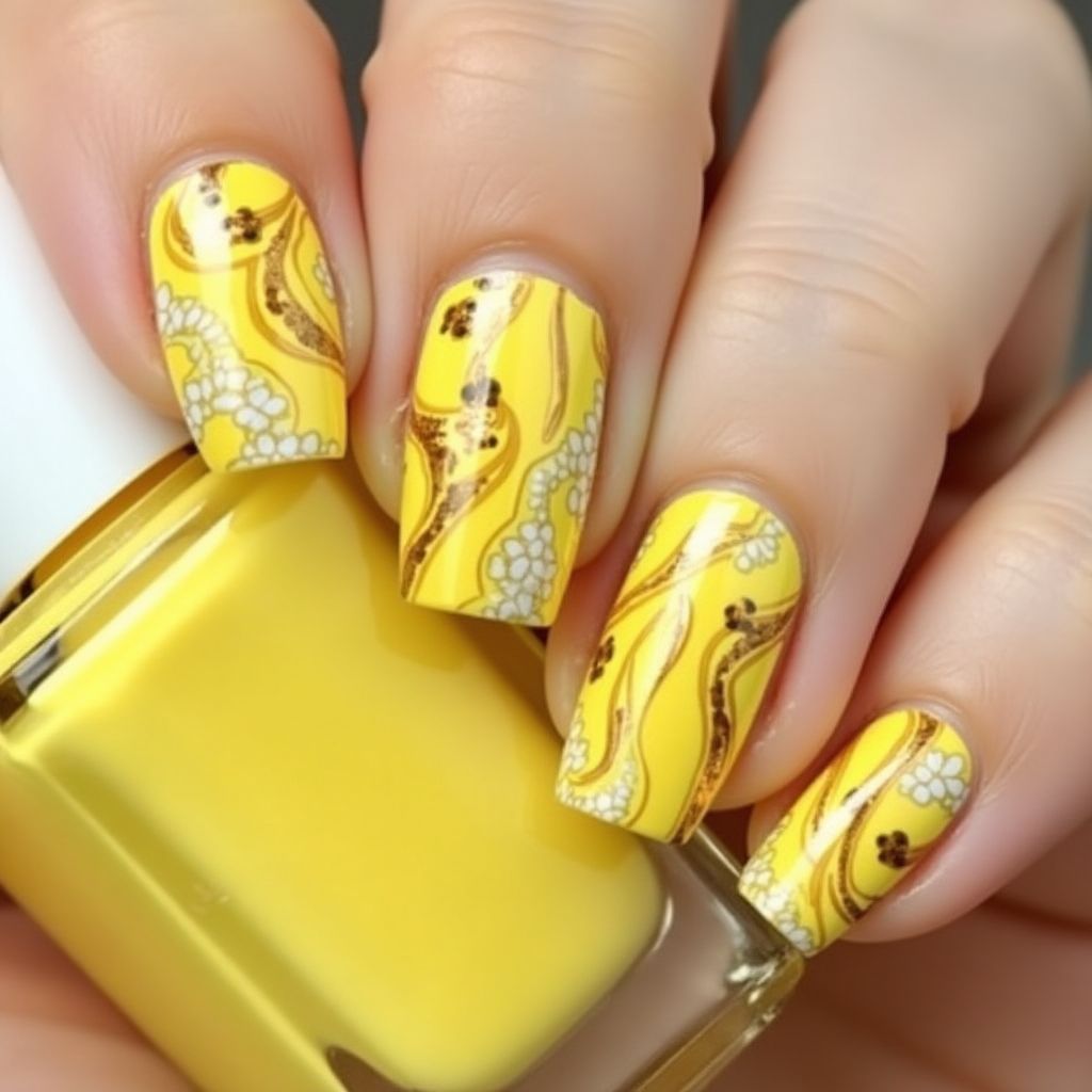 Yellow Water Marbling Nail Design