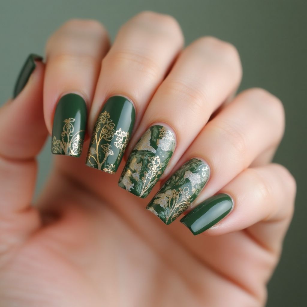 Olive Green Freehand Art Nail Design