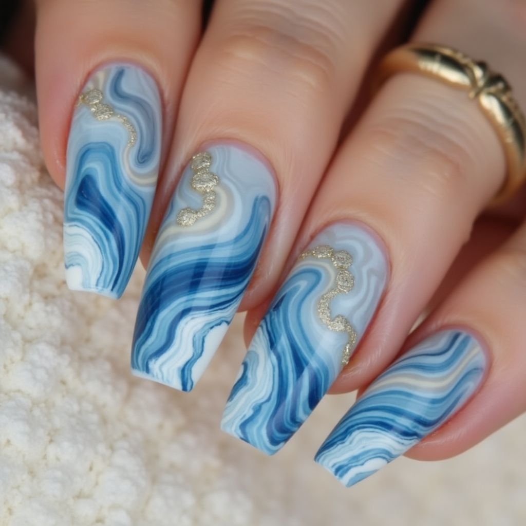Sky Blue Water Marbling Nail Design