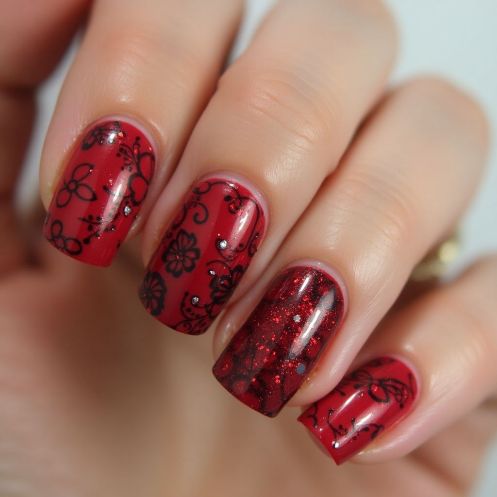 Red Freehand Art Nail Design
