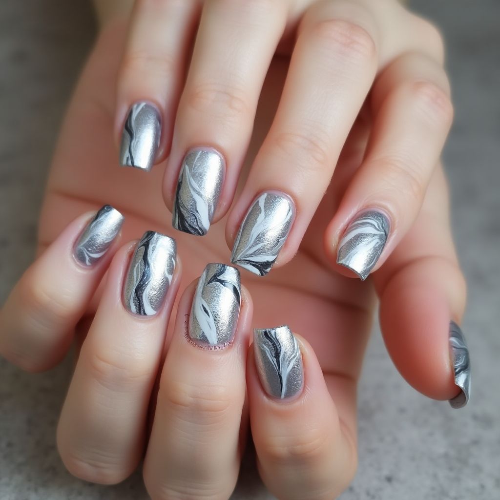 Silver Water Marbling Nail Design