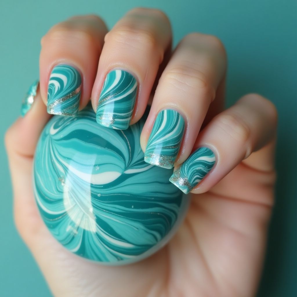 Turquoise Water Marbling Nail Design