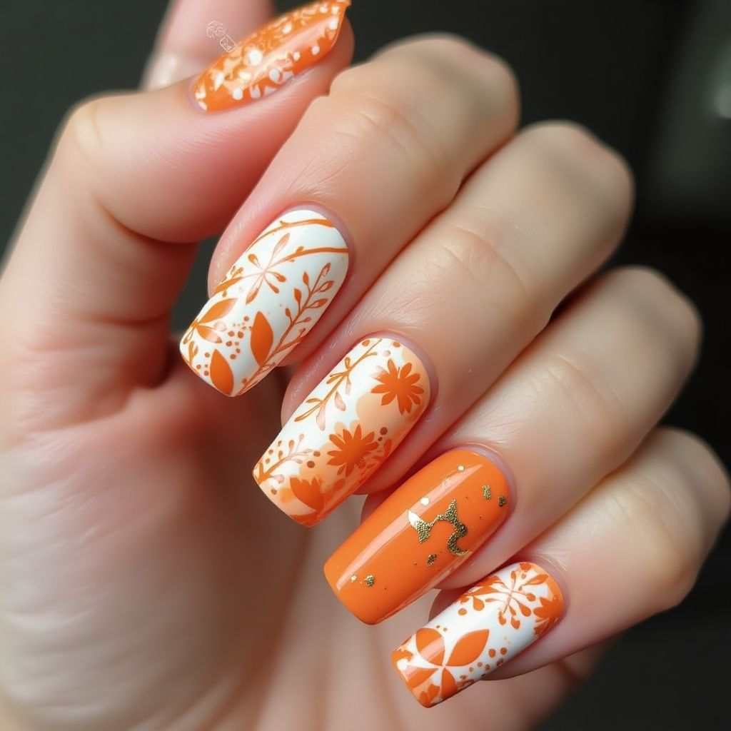 Orange Freehand Art Nail Design