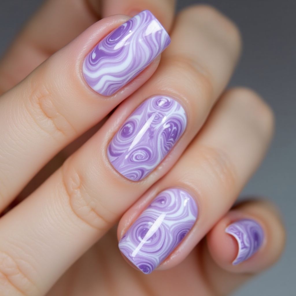 Lilac Water Marbling Nail Design