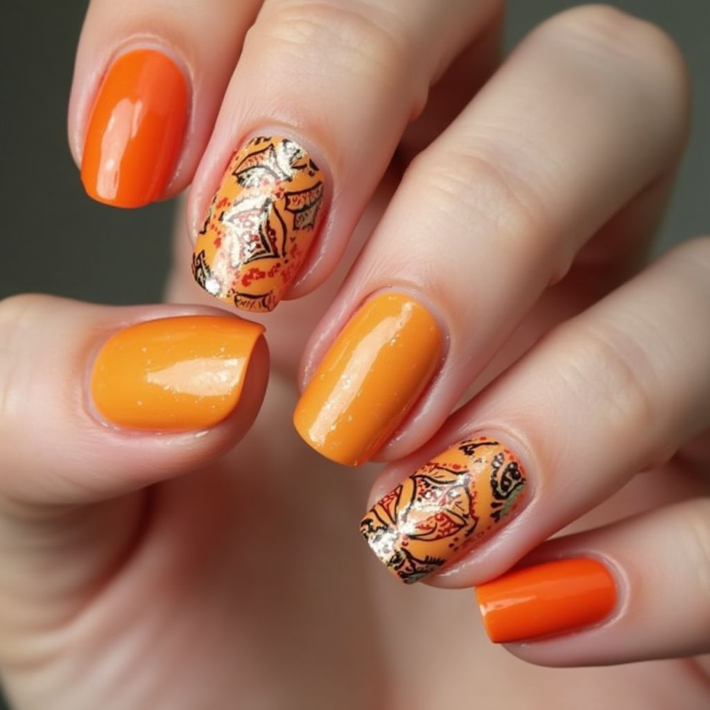 Orange Freehand Art Nail Design