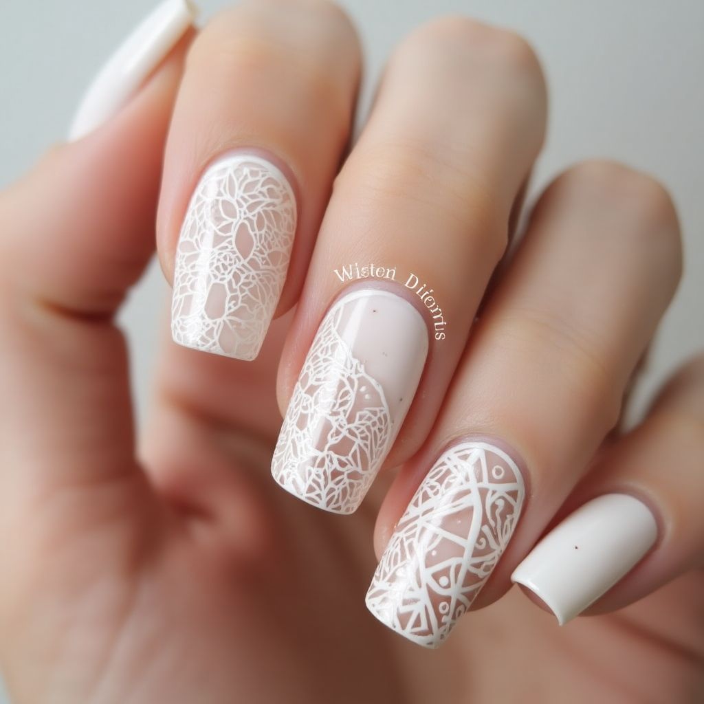 White Freehand Art Nail Design