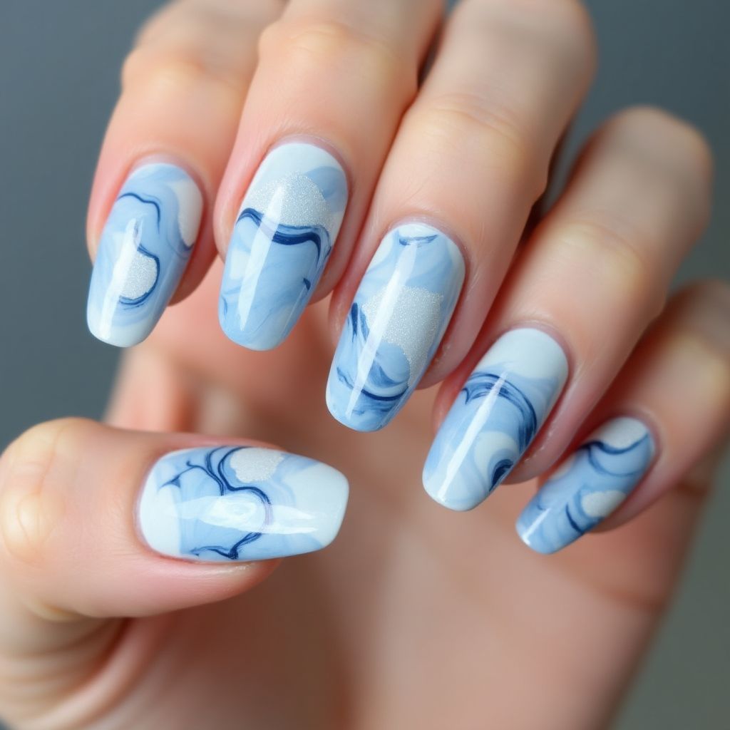 Pastel Blue Water Marbling Nail Design