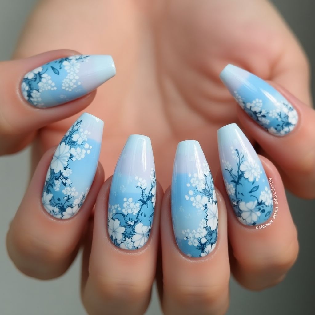 Sky Blue Freehand Art Nail Design