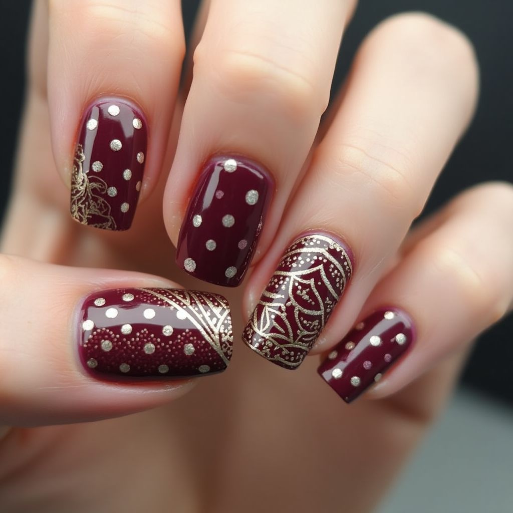 Burgundy Dotting Nail Design