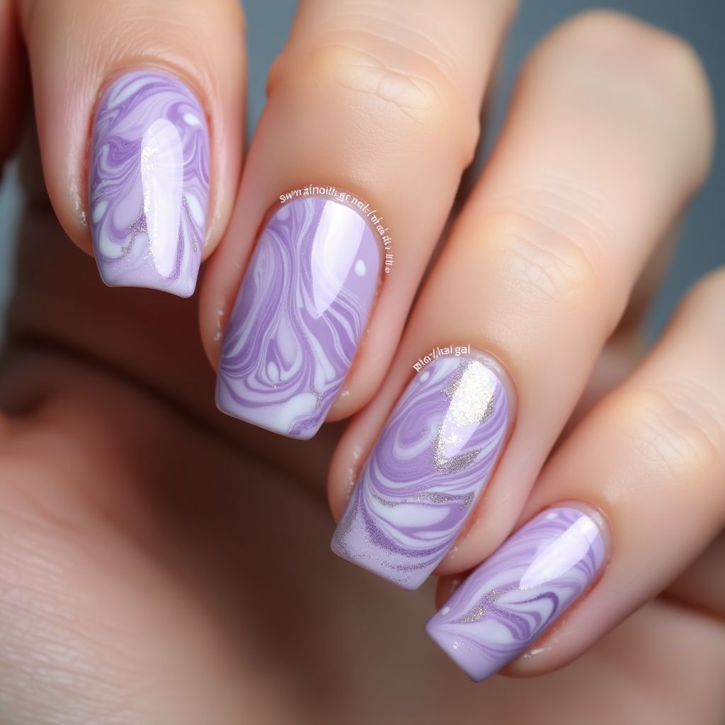 Lilac Water Marbling Nail Design