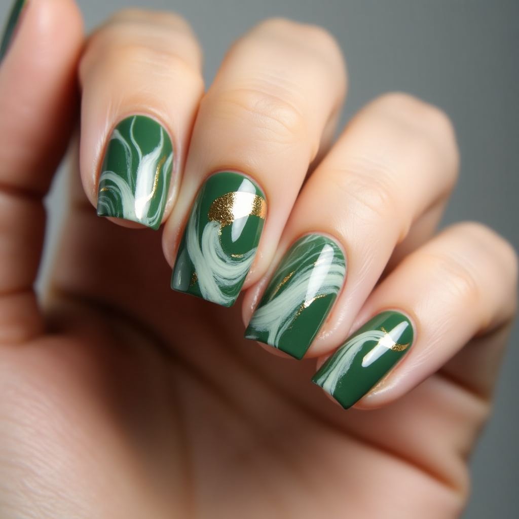 Olive Green Water Marbling Nail Design
