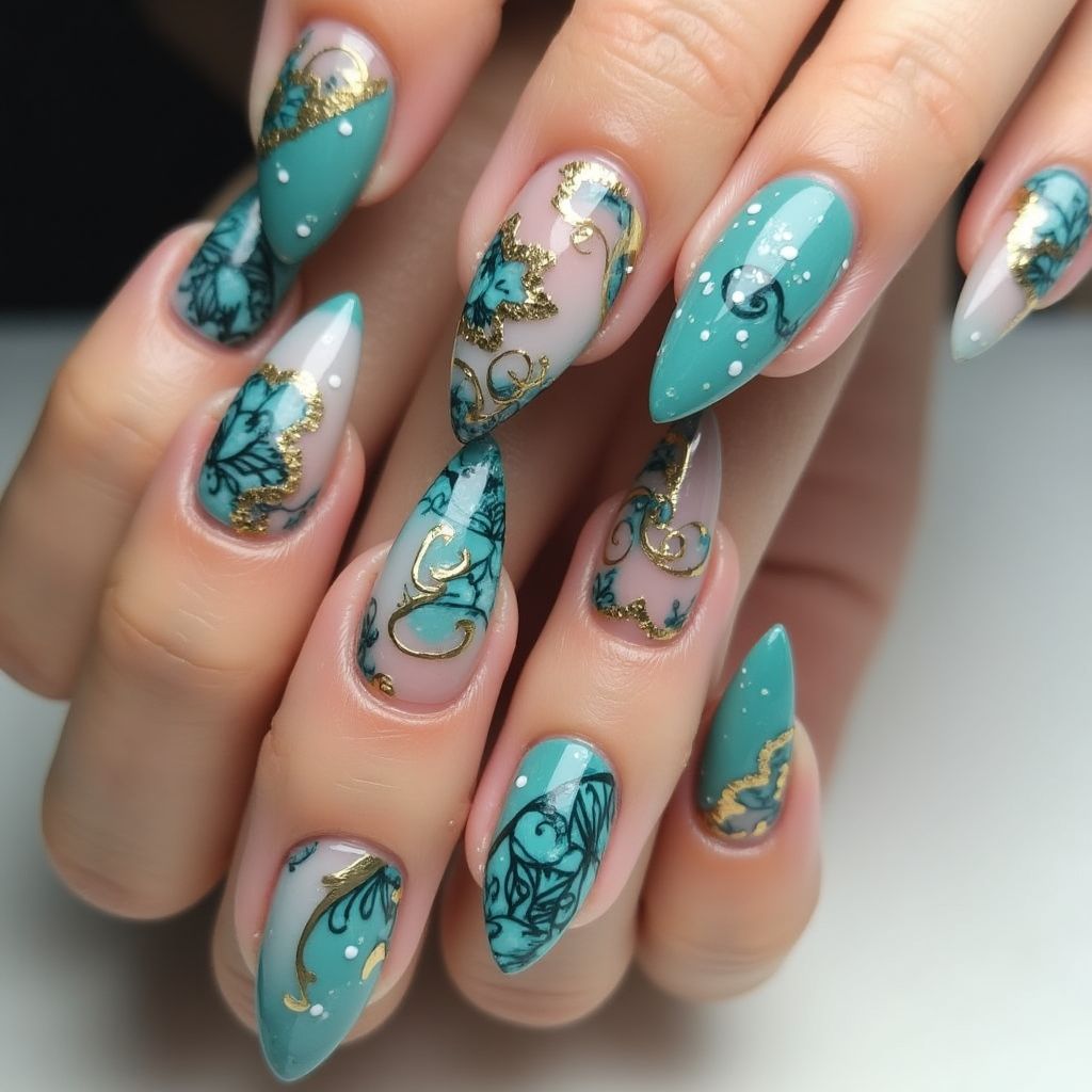 Teal Freehand Art Nail Design