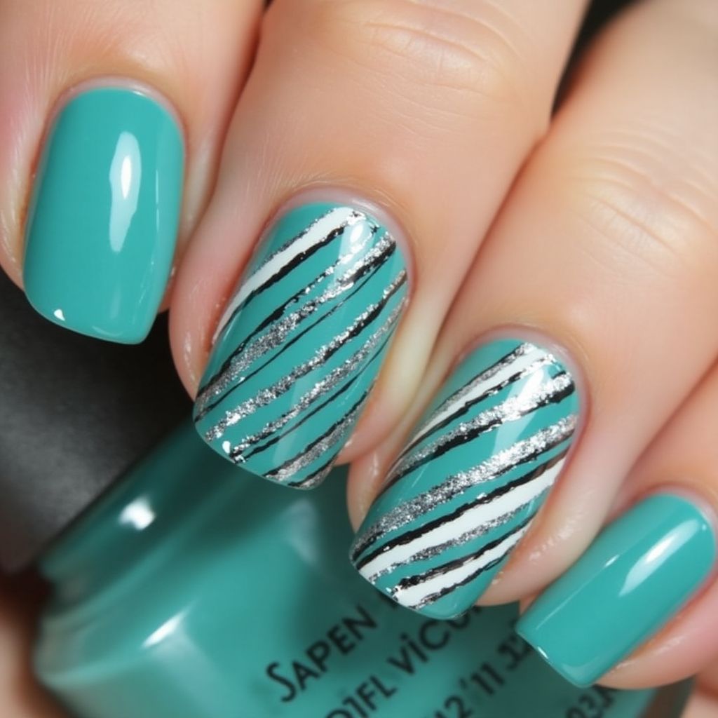 Turquoise Stripes And Lines Nail Design