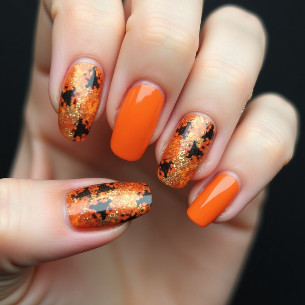 Orange Freehand Art Nail Design