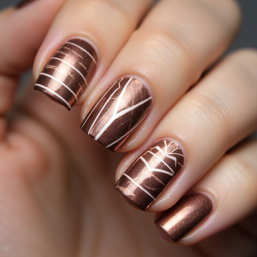Bronze Stripes And Lines Nail Design