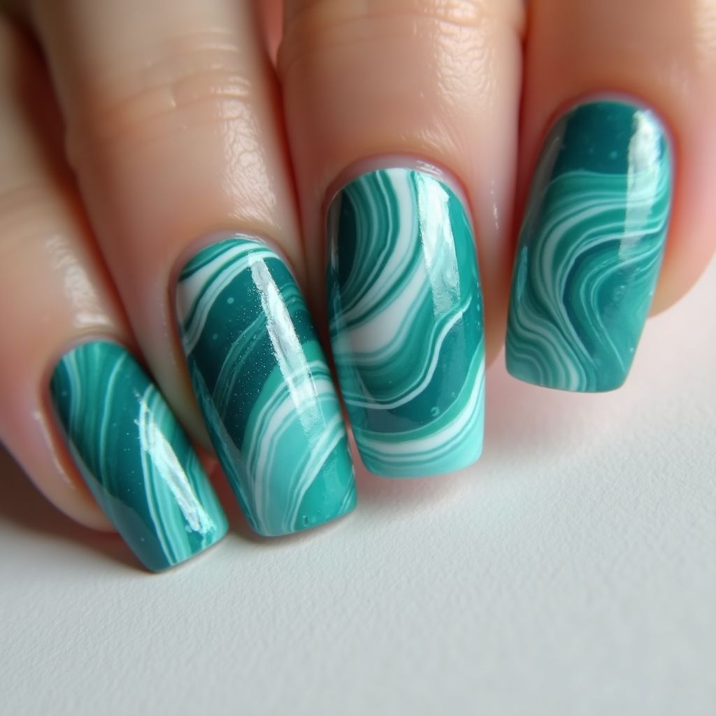 Teal Water Marbling Nail Design