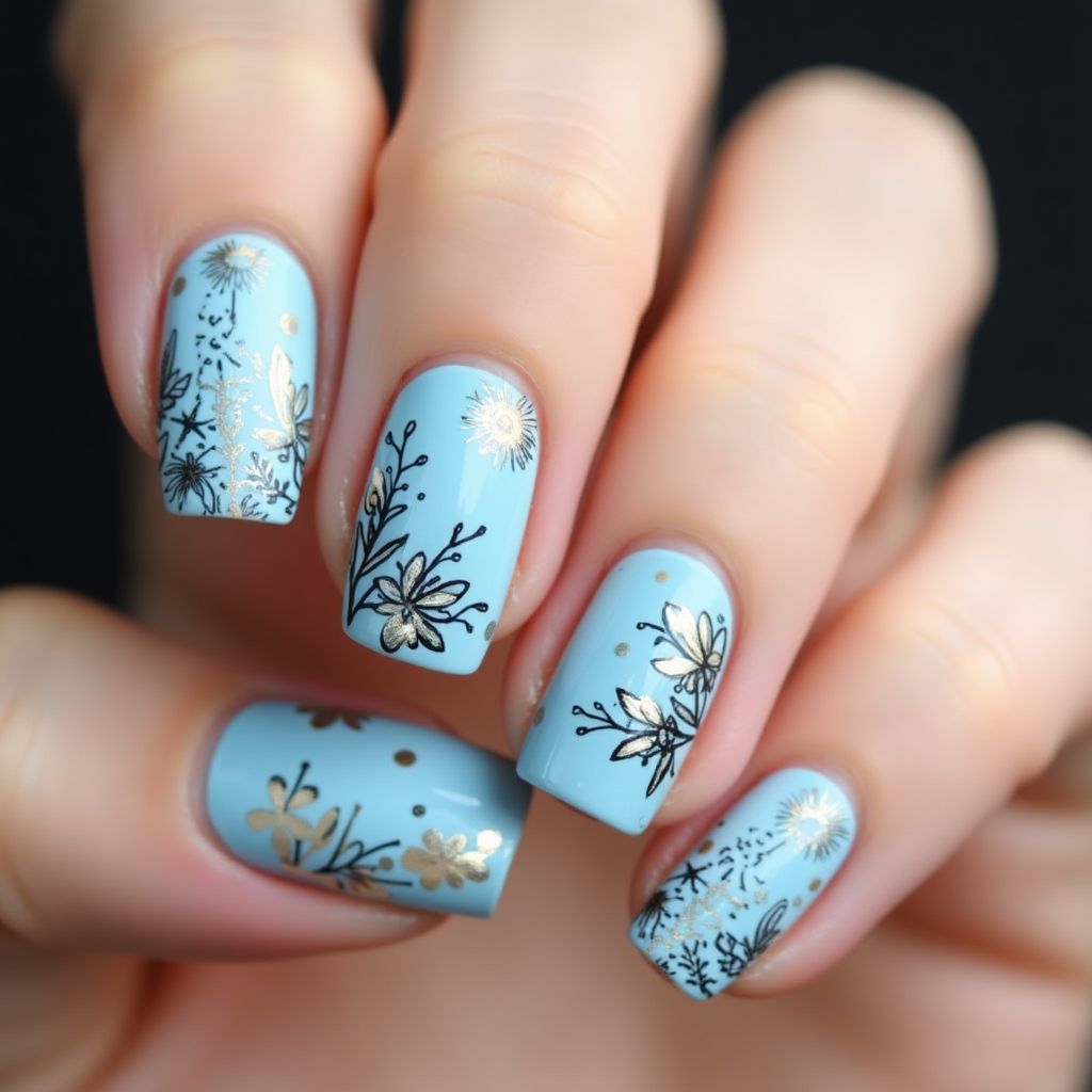Baby Blue Freehand Art Nail Design