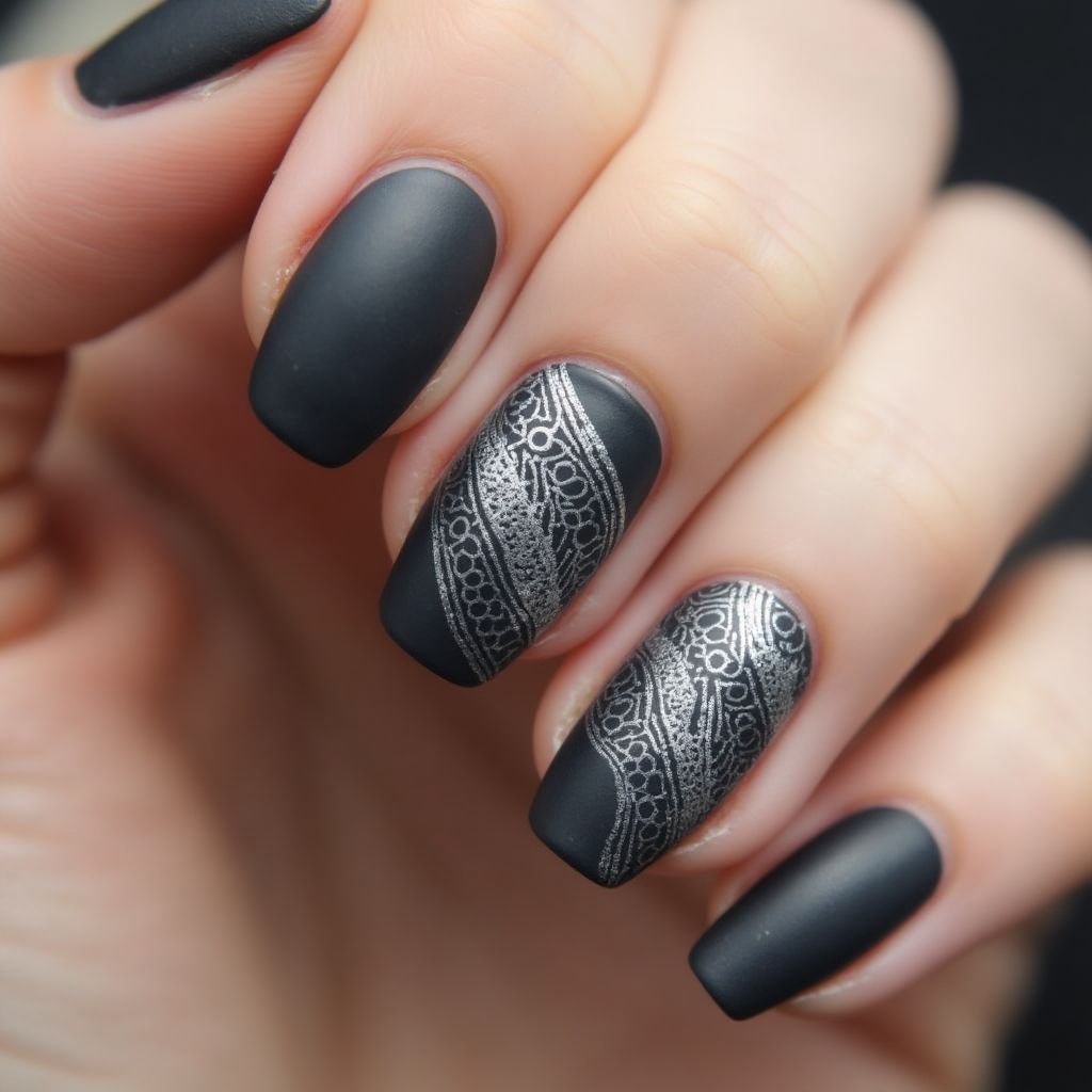 Charcoal Gray Freehand Art Nail Design