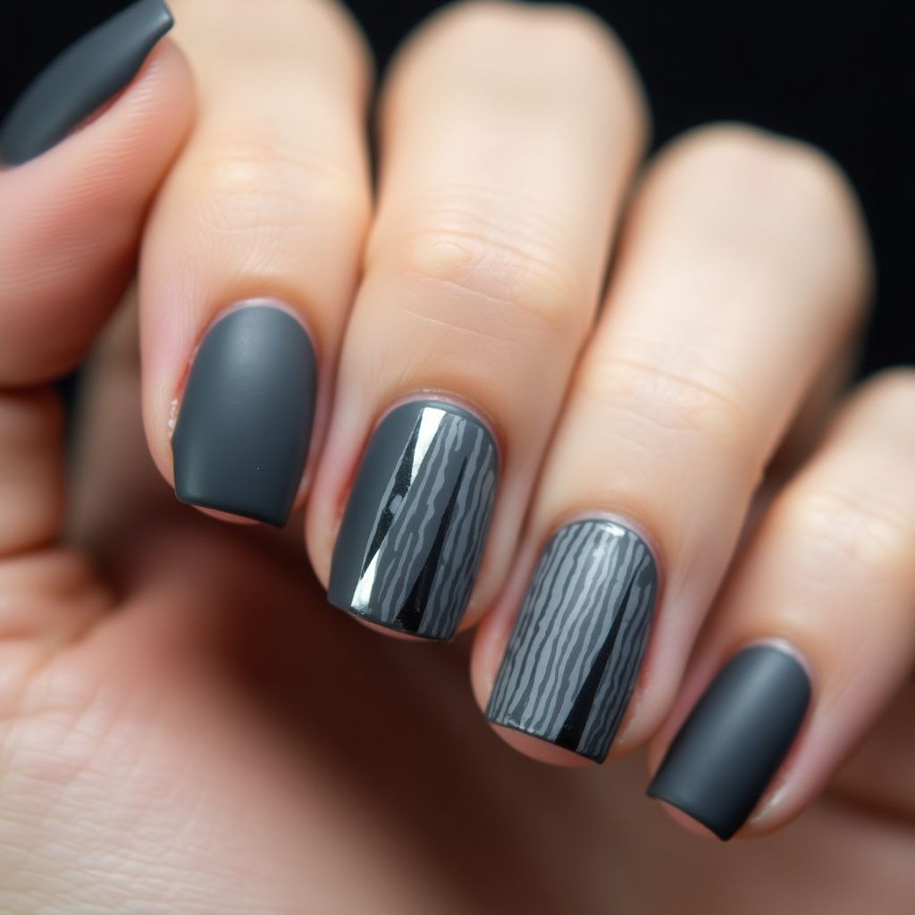 Charcoal Gray Stripes And Lines Nail Design