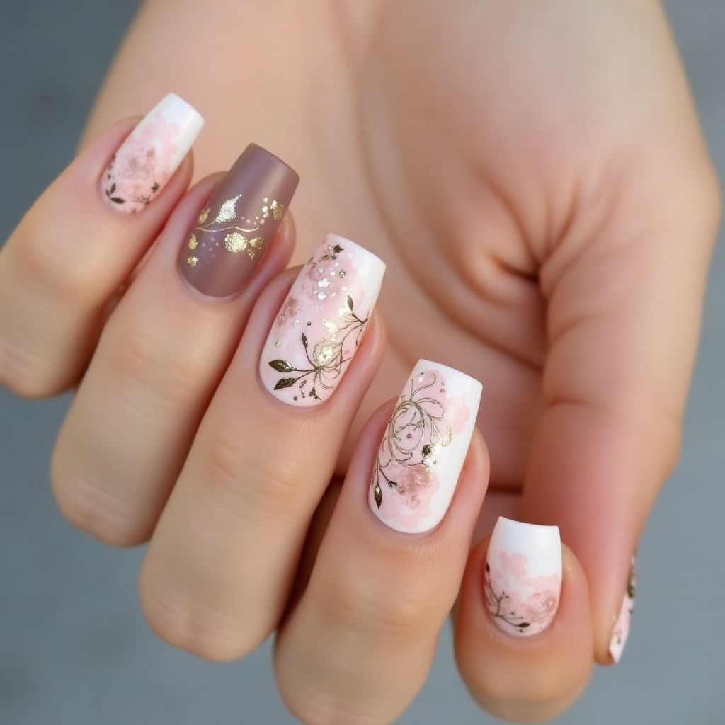 Nude Freehand Art Nail Design