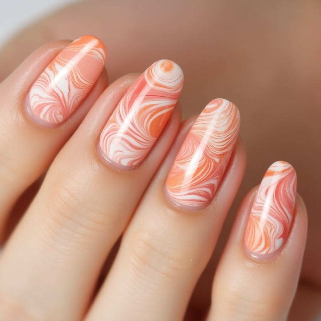 Peach Water Marbling Nail Design
