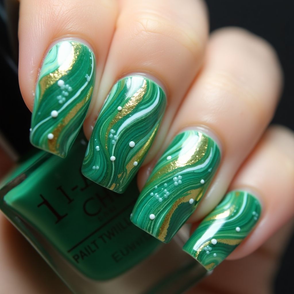 Emerald Green Water Marbling Nail Design