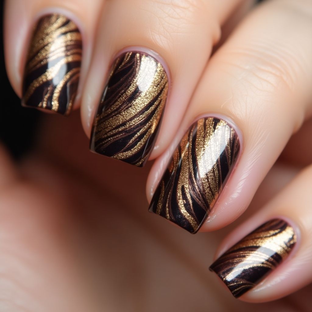 Bronze Water Marbling Nail Design