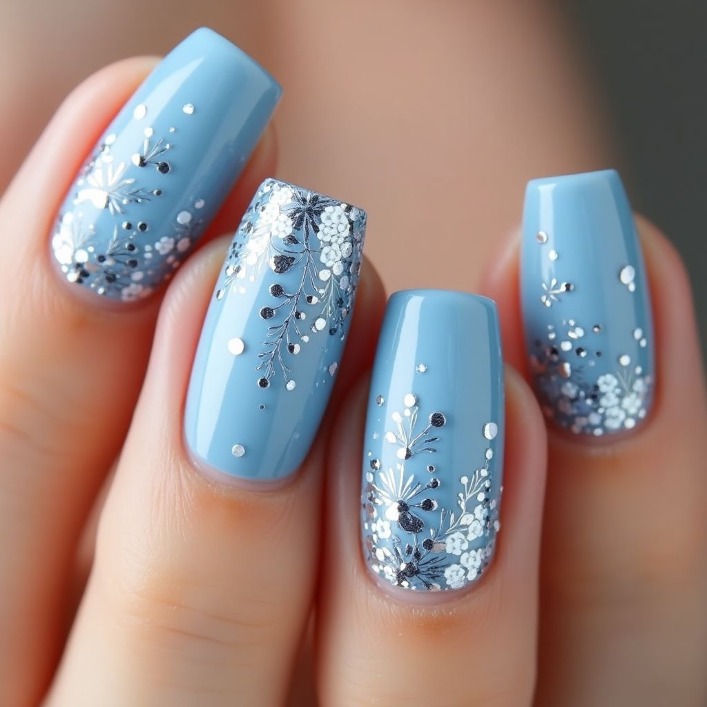 Sky Blue Freehand Art Nail Design