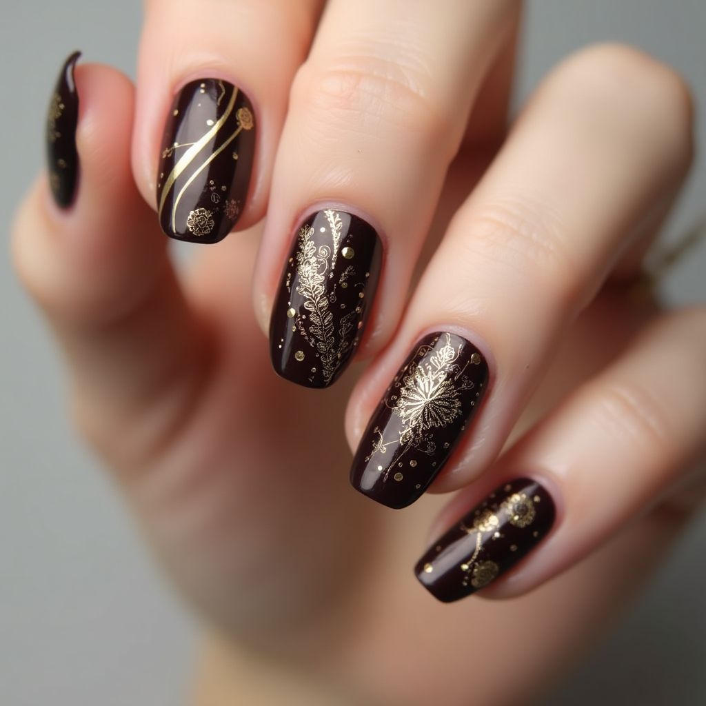 Chocolate Brown Freehand Art Nail Design