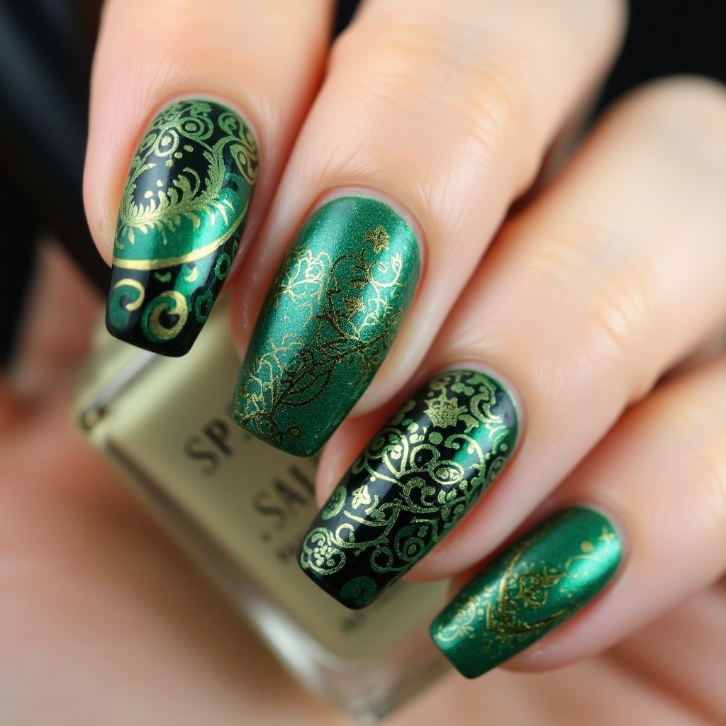 Emerald Green Freehand Art Nail Design