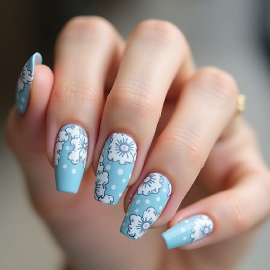 Pastel blue Freehand art Nail Design