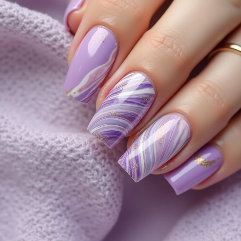 Pastel purple Water marbling Nail Design