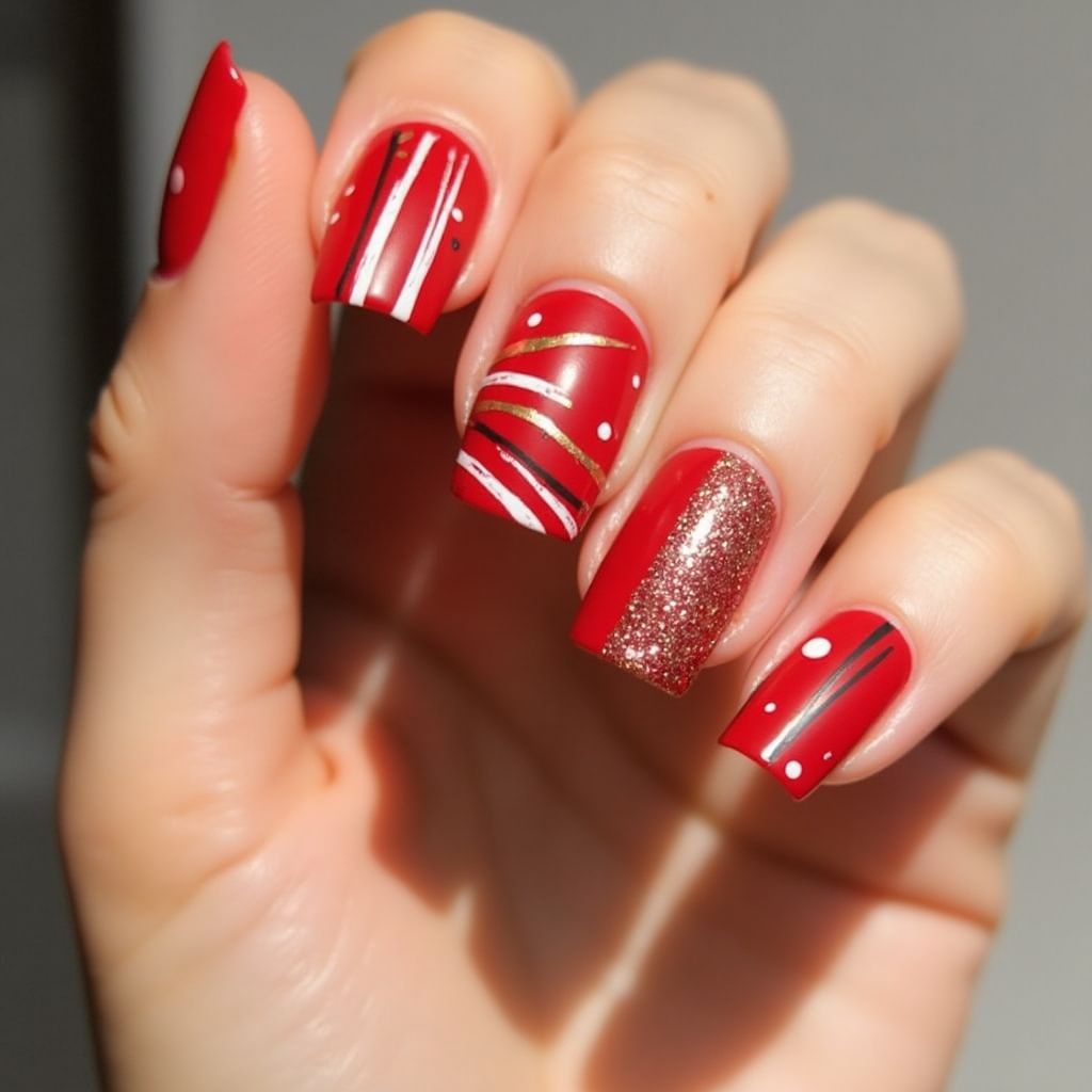 Red Stripes And Lines Nail Design