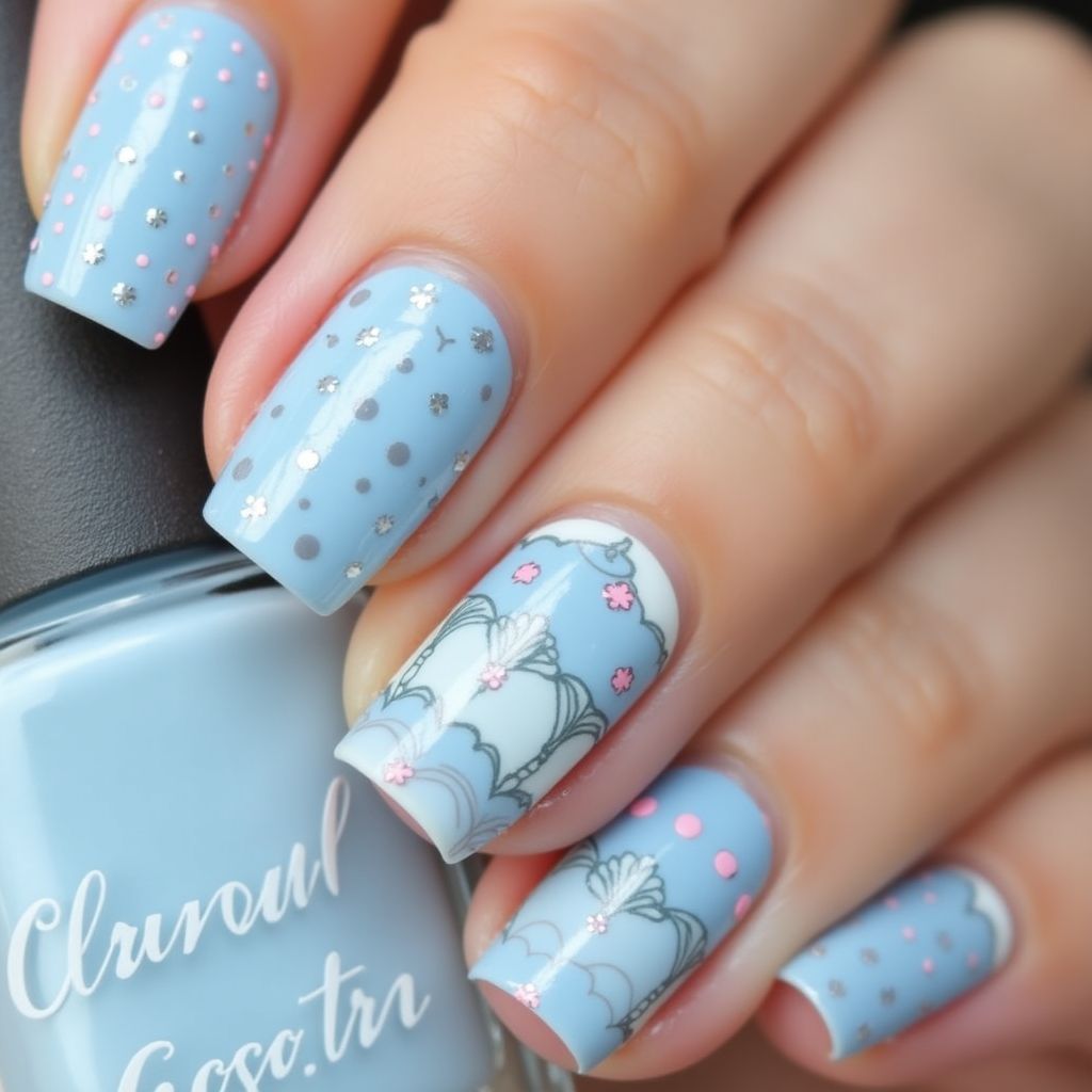 Pastel Blue Dotting Nail Design