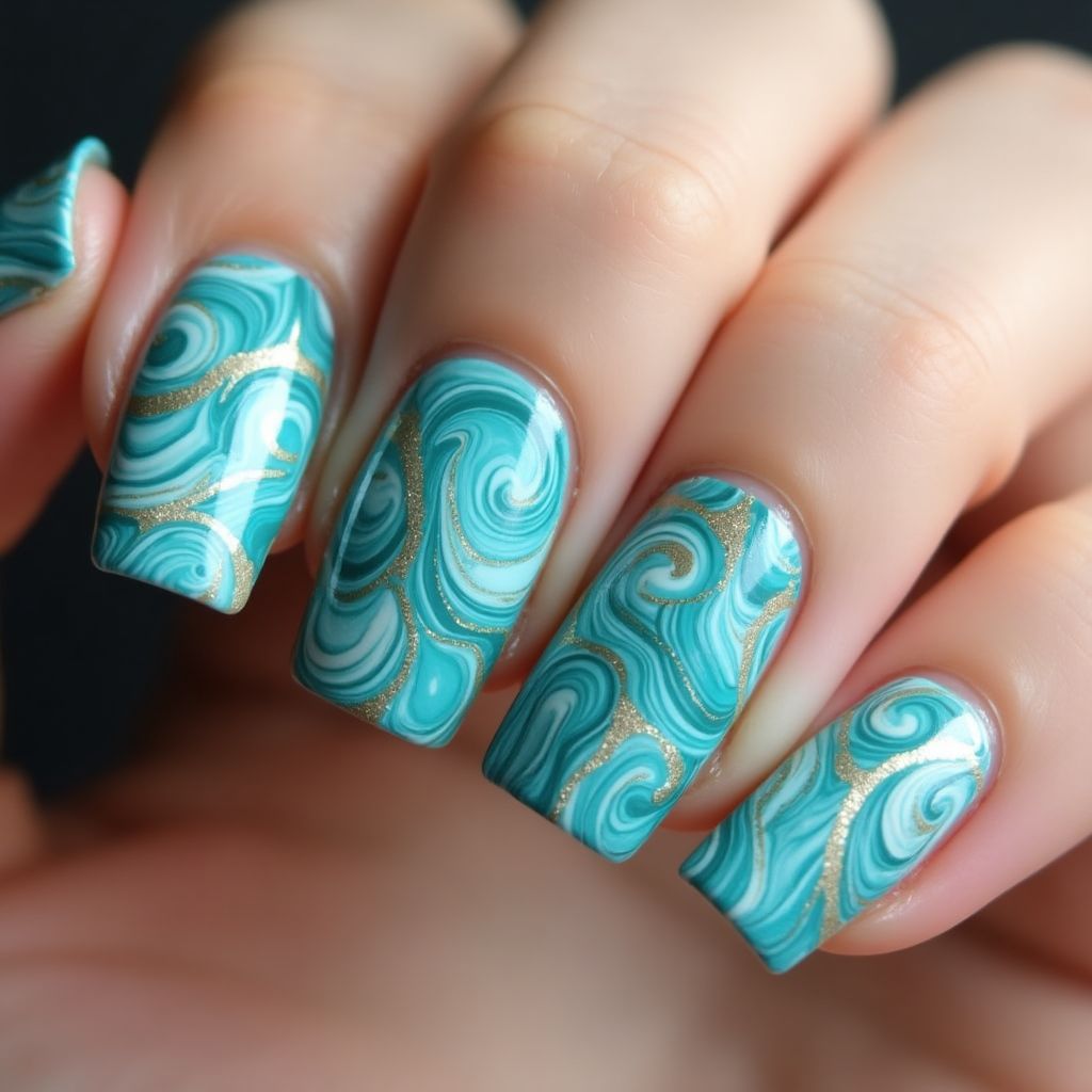 Turquoise Water Marbling Nail Design
