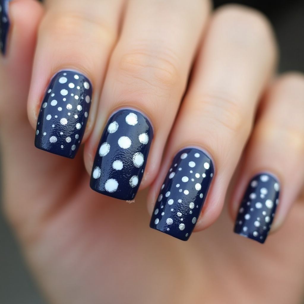 Navy Blue Dotting Nail Design