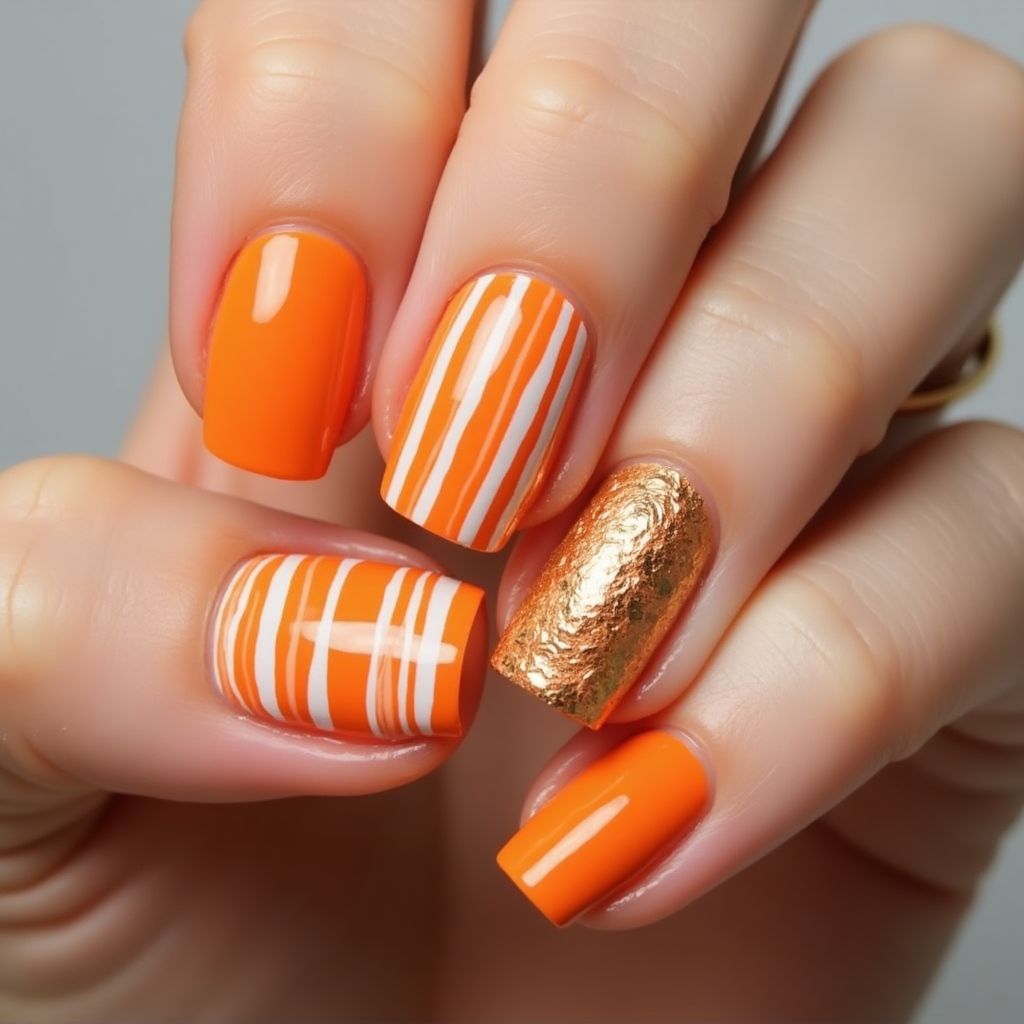 Orange Stripes And Lines Nail Design