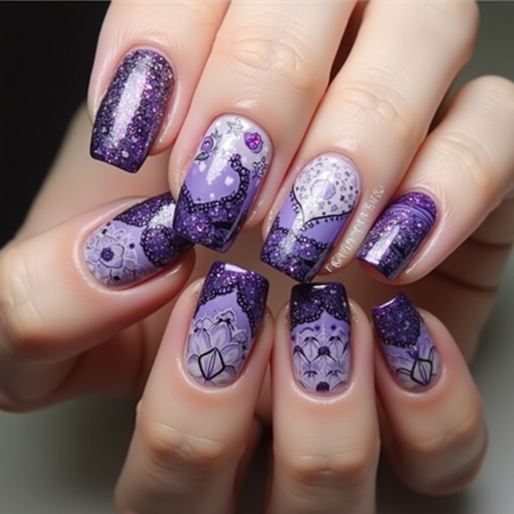 Purple Freehand Art Nail Design