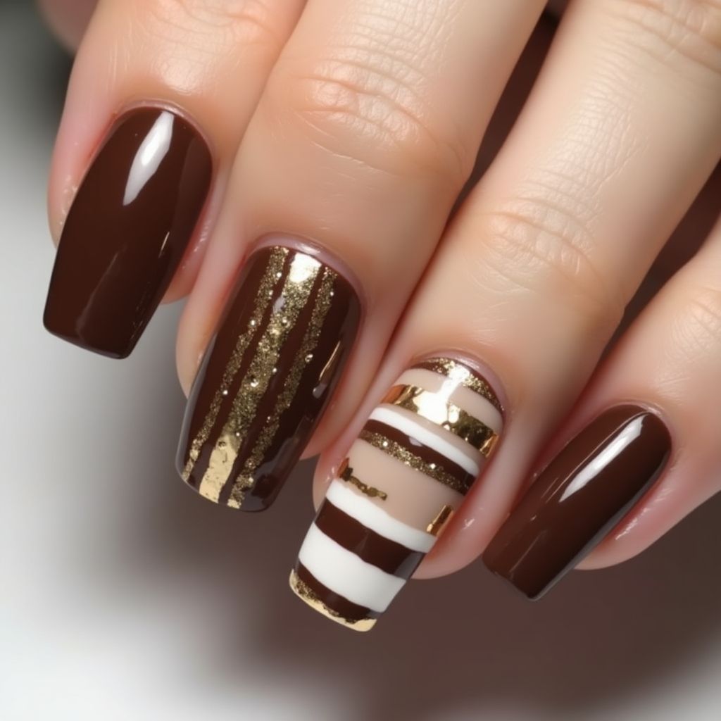 Chocolate Brown Stripes And Lines Nail Design