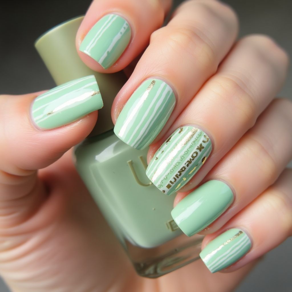 Pastel Green Stripes And Lines Nail Design