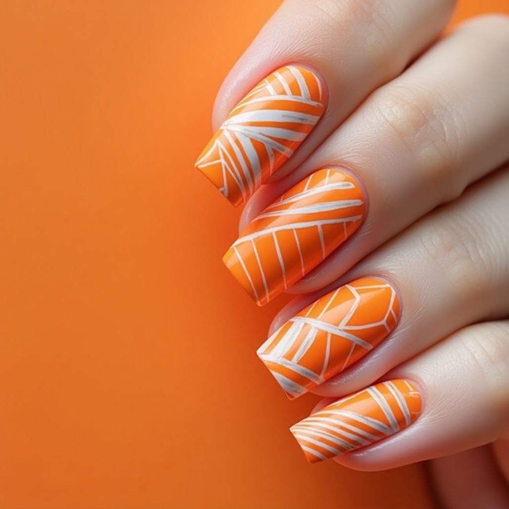 Orange Stripes And Lines Nail Design